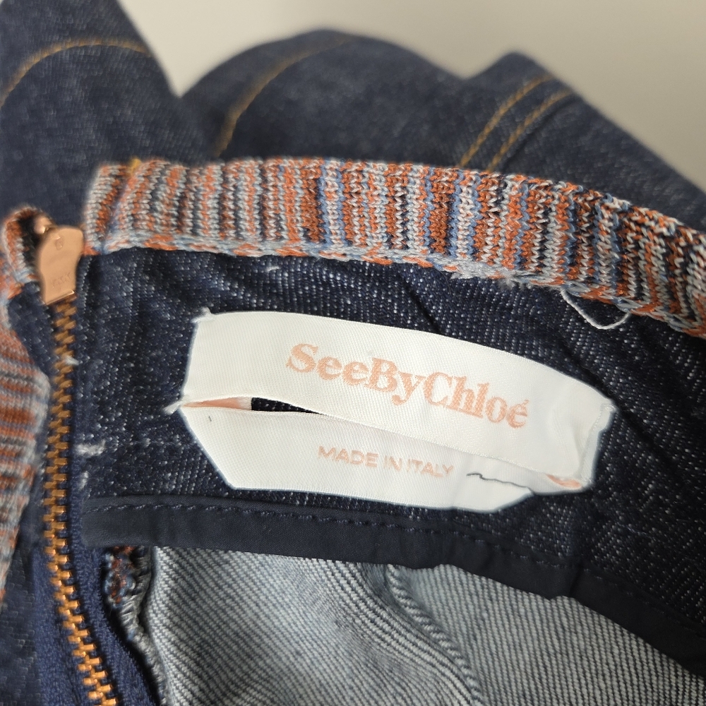See By Chloe Dark Wash A-Line Denim Mini Skirt Multicolor Piping Pockets 24" - Picture 5 of 6